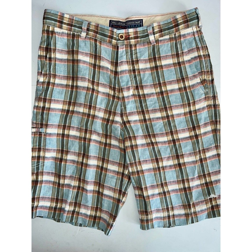 TOMMY BAHAMA SHORTS RELAX LT BLUE PINK BROWN PLAID LINEN FLAT FRONT 34